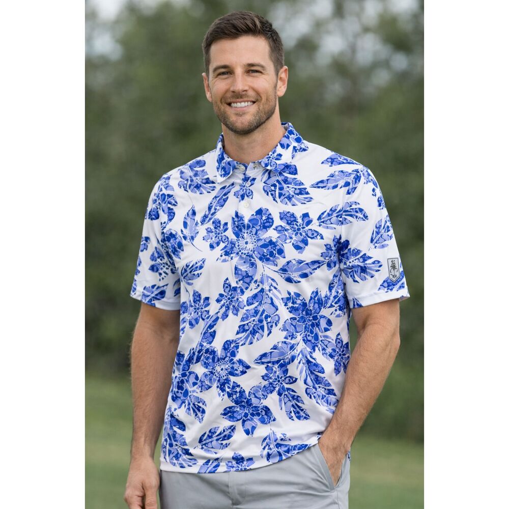 PGA Tour Polo Shirt Mens Large Blue Floral Golf Performance Short Sleeve Stretch - Picture 6 of 10
